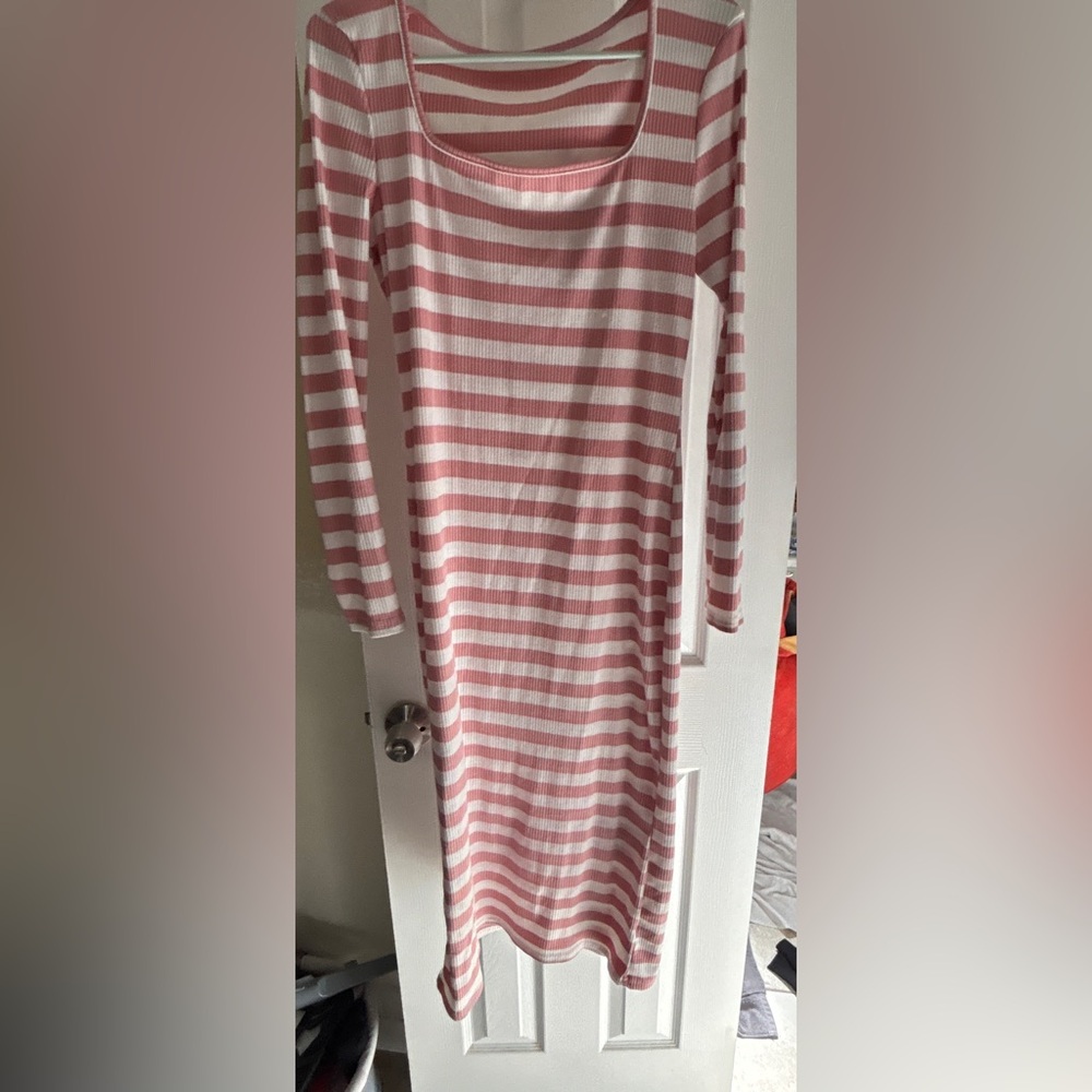 SHEIN Pink and White Striped Long Sleeve Dress